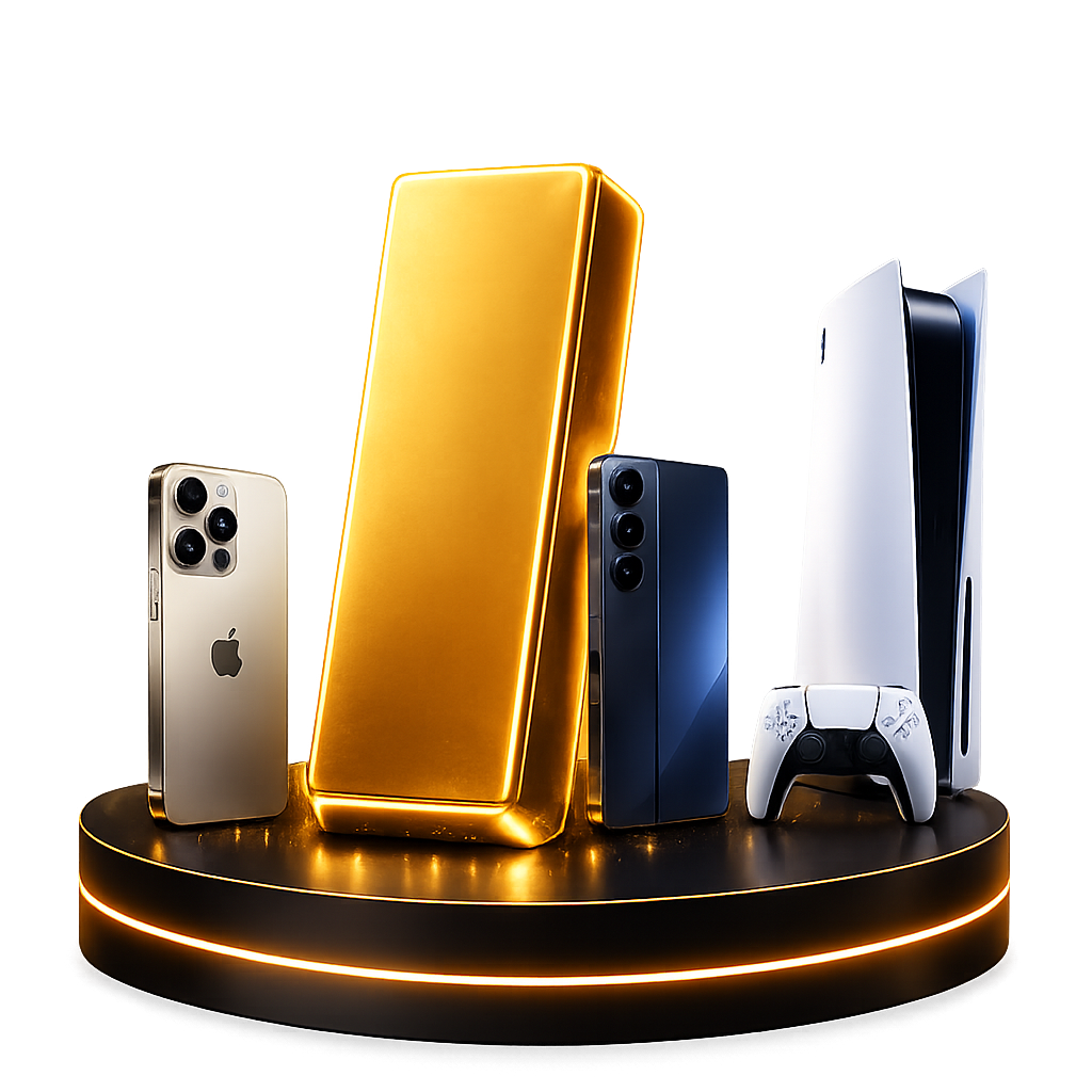 hero render — gold bar + devices on podium